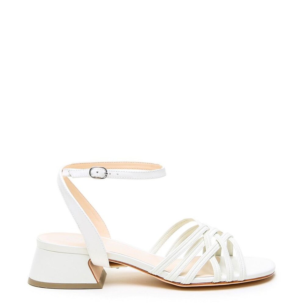 White Strappy Ankle‑Buckle Block Heel Sandal